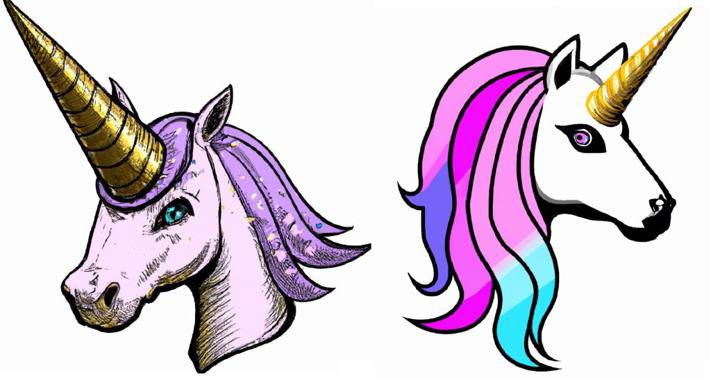 2 drawings of beautiful unicorn heads with color