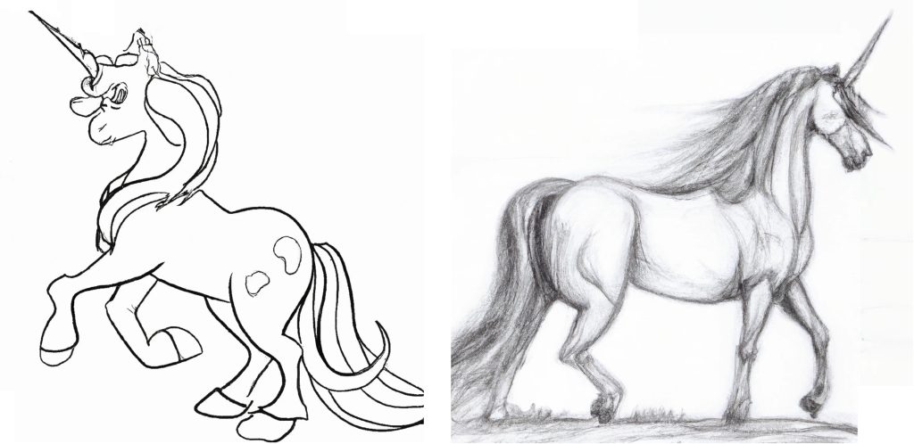 2 unicorn drawings an outline and a pencil sketch