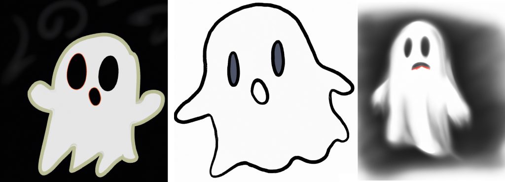 3 different ghost drawings simple cute and realistic