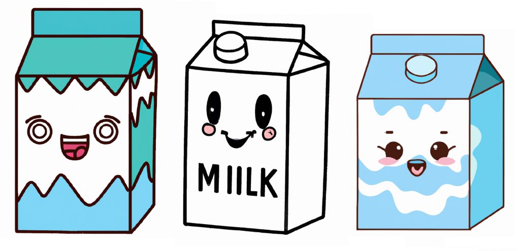 3 different kawaii milk carton drawings