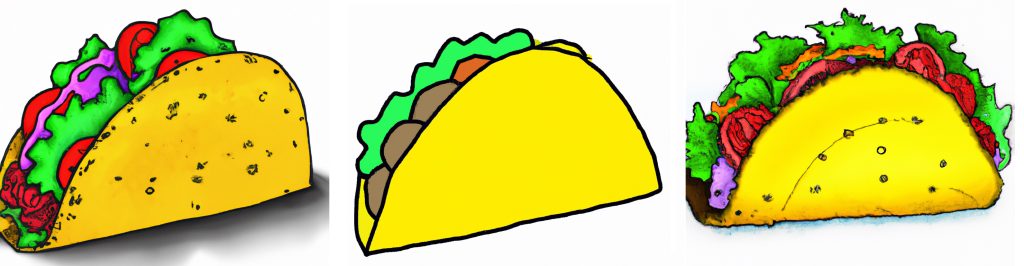 3 different taco drawings by a beginner and by an intermiate artist