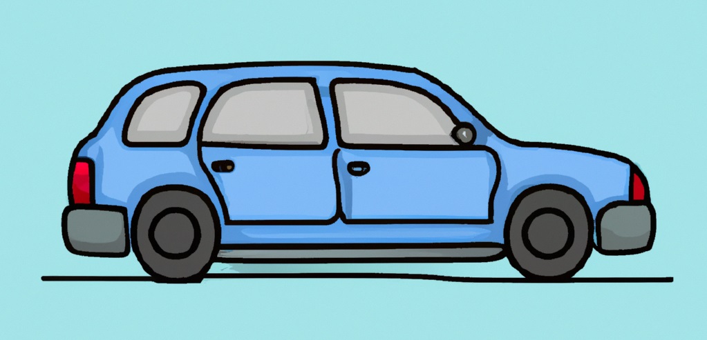 cartoon 4 door car drawing colored in blue wheels windows doors bumpers