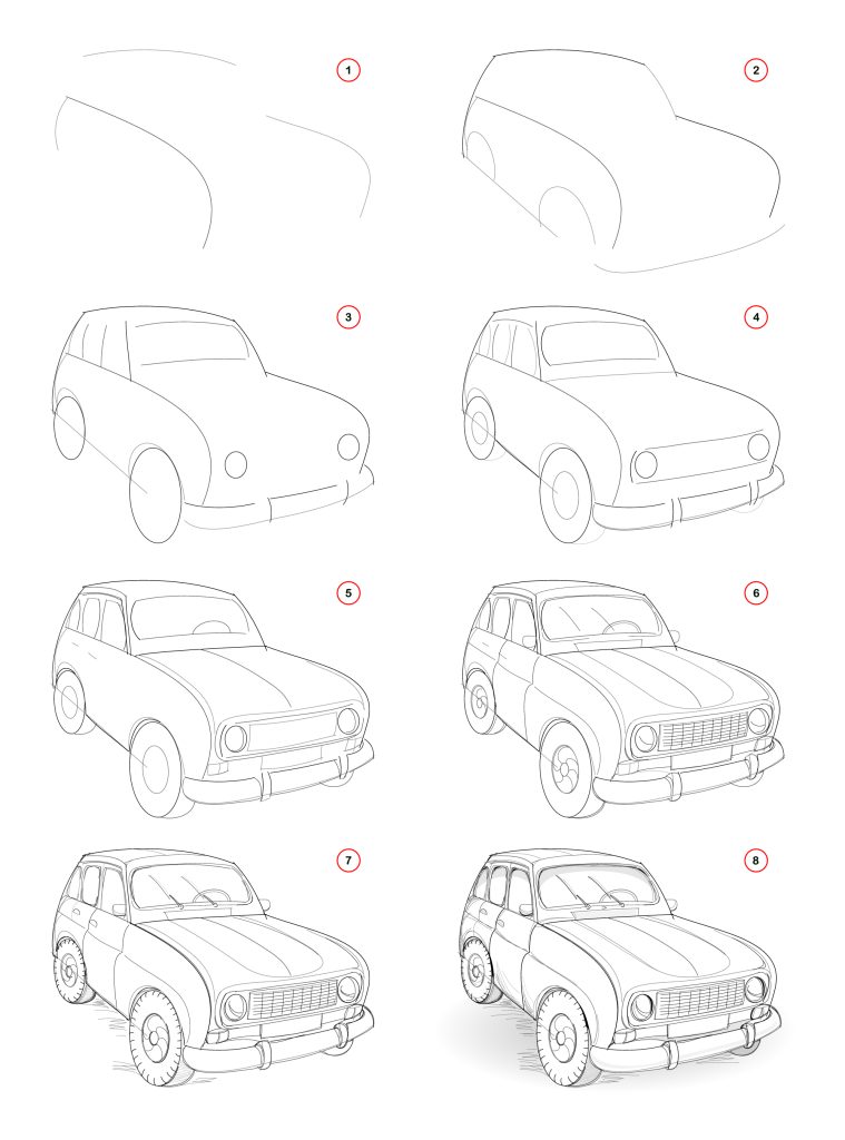 how to draw a car in 8 steps tutorial