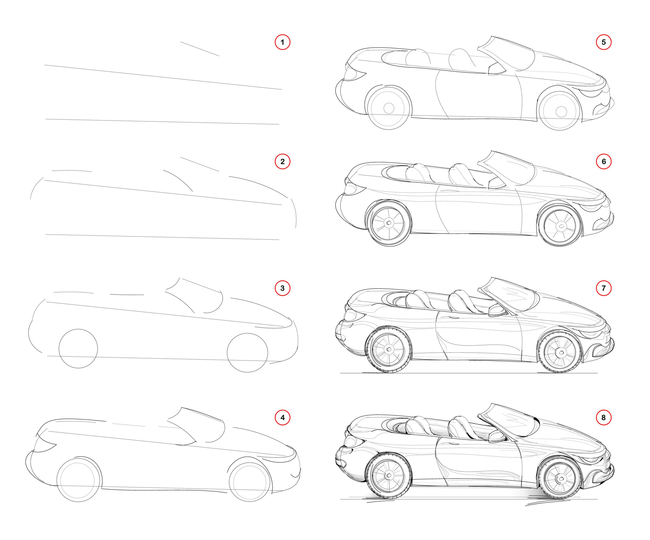 how to draw a convertible car tutorial step by step