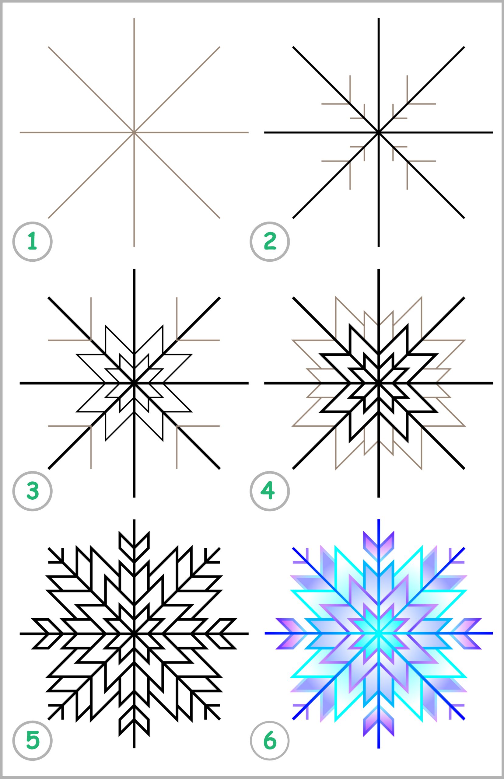 how to draw a snowflake step by step tutorial with 6 total steps