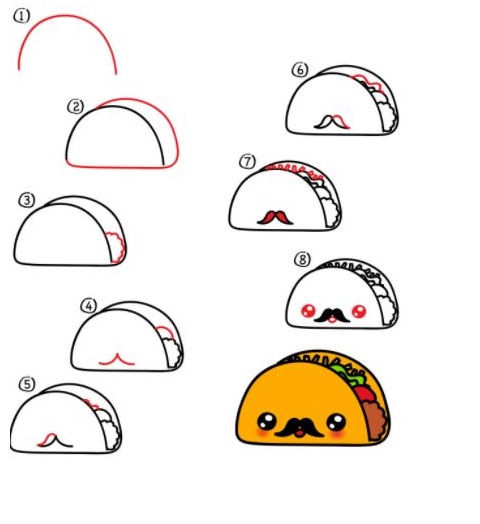 step by step kawaii taco drawing tutorial