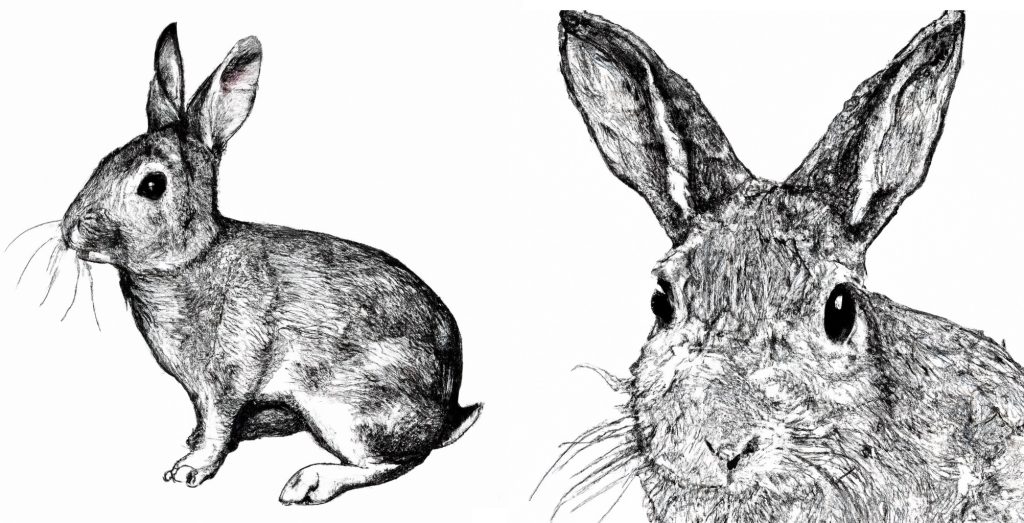 2 detailed drawings of rabbits in black and white