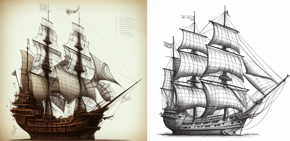 2 detailed pirate ship drawings