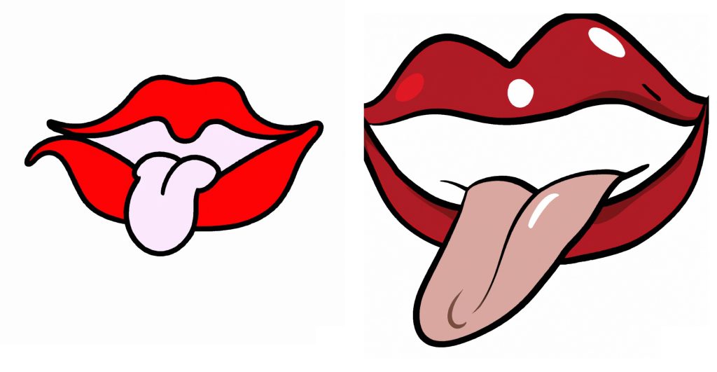 2 different drawings of a mouth and lips with the tongue out