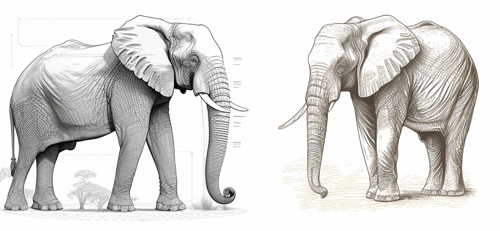 2 drawings of elephants showing the ears tusks trunk eyes body and legs
