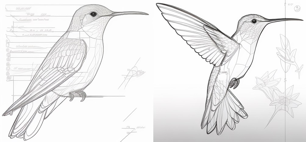 2 outline hummingbird drawings to show different details of a hummingbird