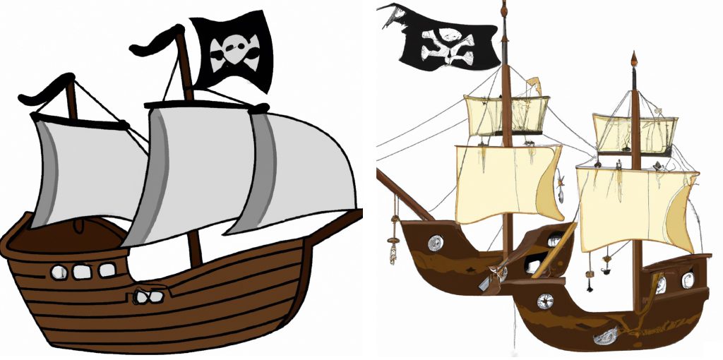 2 pirate ship illustrations that look like cartoon pirate ships