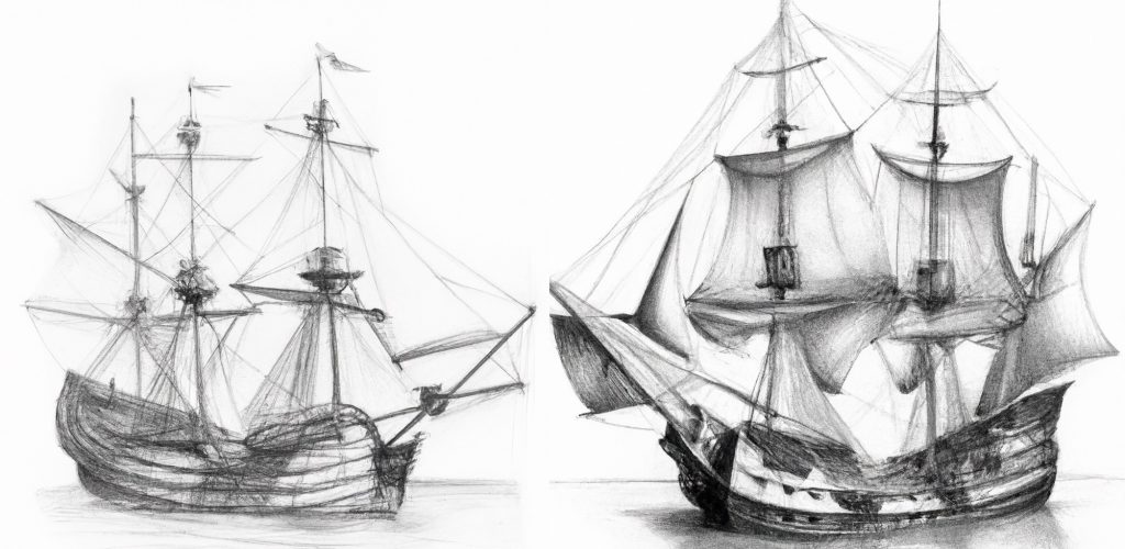 2 pirate ship pencil drawings