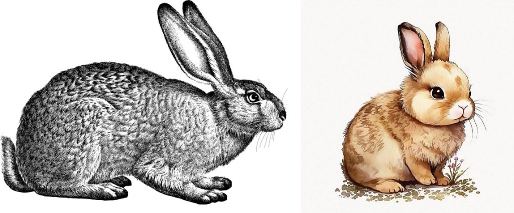 2 rabbit drawings with their face body ears and tail - 1 in black and white and 1 in color