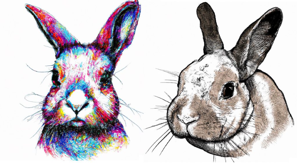 2 unique drawings of rabbit heads