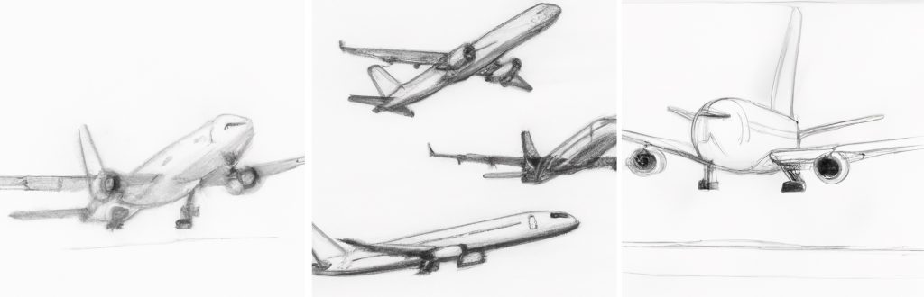 3 airplane drawings from different angles with shading and shadows