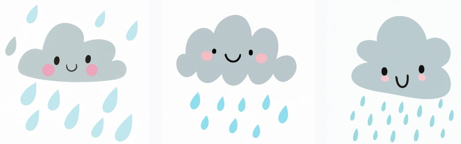 3 cute drawings of kawaii rain clouds with smiling kawaii faces