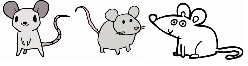 3 different basic drawings of cartoon mice