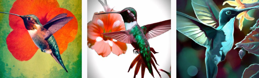 3 different examples of hummingbird digital art that look like realistic hummingbirds