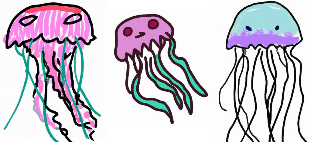 3 different jellyfish drawings that look like a kid or a beginner drew the jellyfish