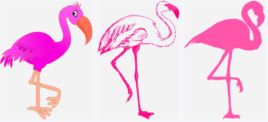 3 different outline drawings of pink flamingos with legs and beak