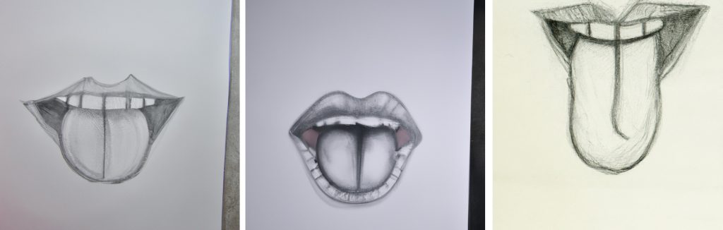 3 different pencil drawings of a mouth with tongue out