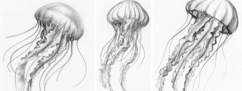 3 different pencil drawings of jellyfish with the hood bell tentacles and oral arms