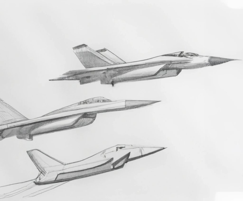 3 different sketches of fighter jets flying in the air
