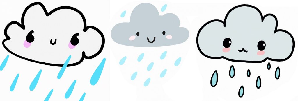 3 kawaii rainy cloud drawings for reference