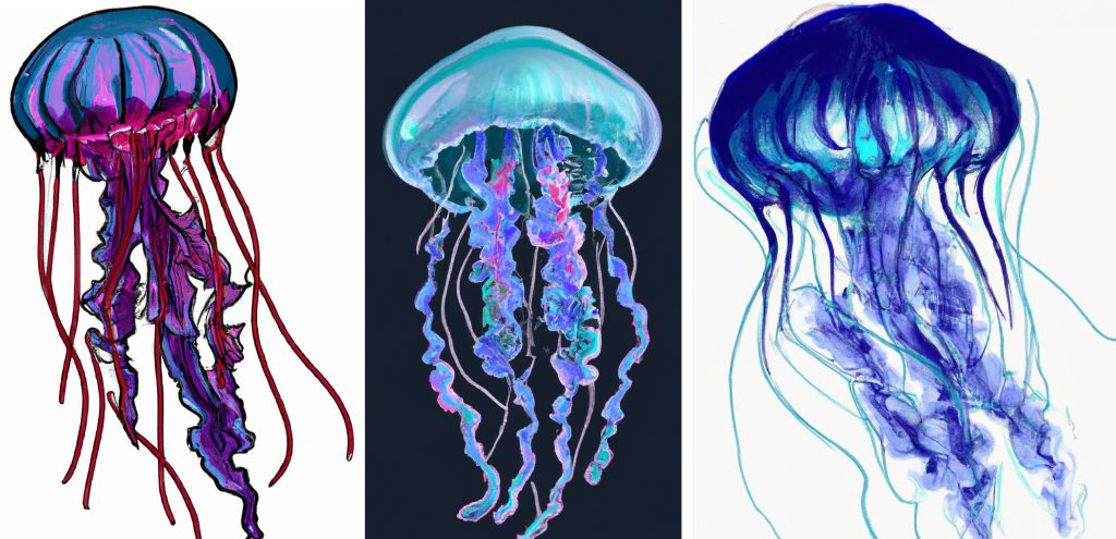3 realistic jellyfish drawings that are colored in blue green and purple