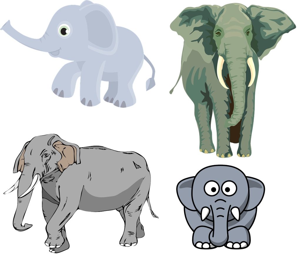 4 different beginner elephant drawings to be used as a reference