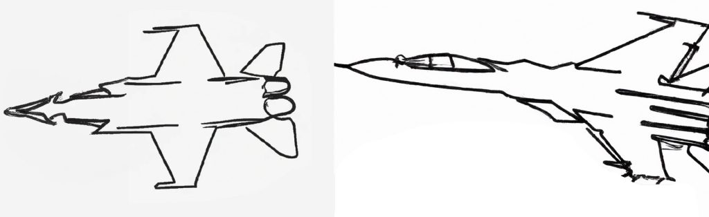 basic outline drawings of two different fighter jets