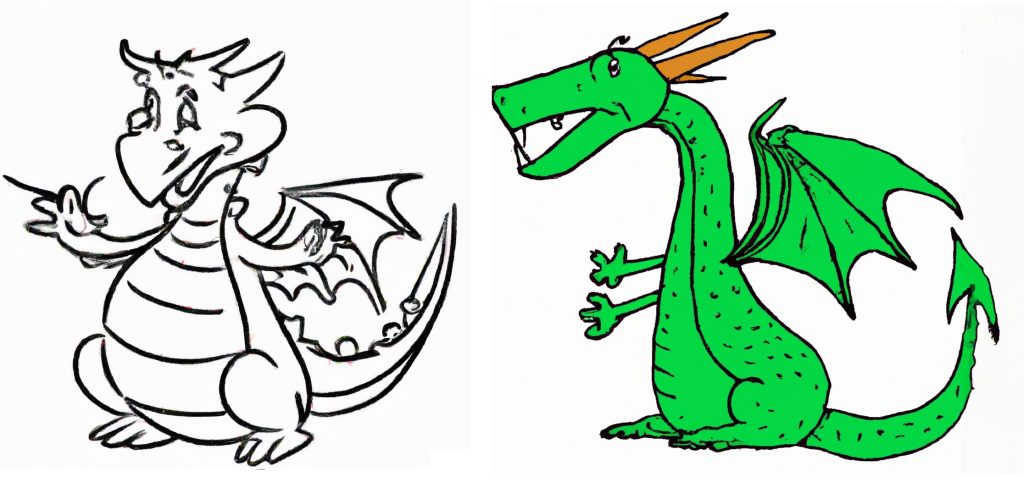 cartoon dragon drawings - 1 colored in green and 1 dragon pencil drawing