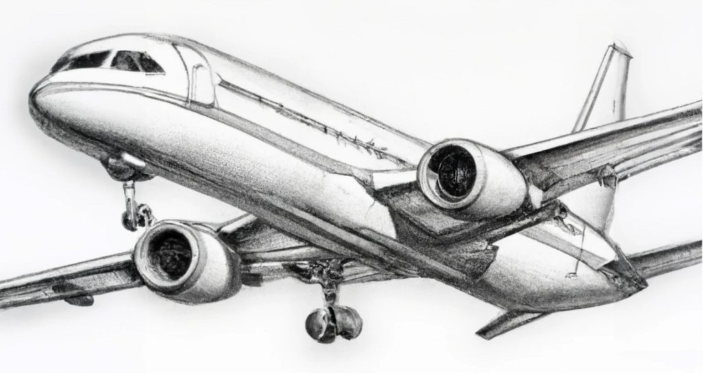 detailed pencil drawing of a commercial airplane