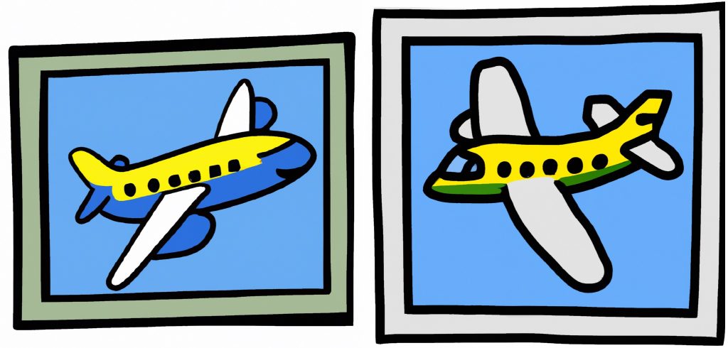 framed cartoon airplane drawings flying through the sky