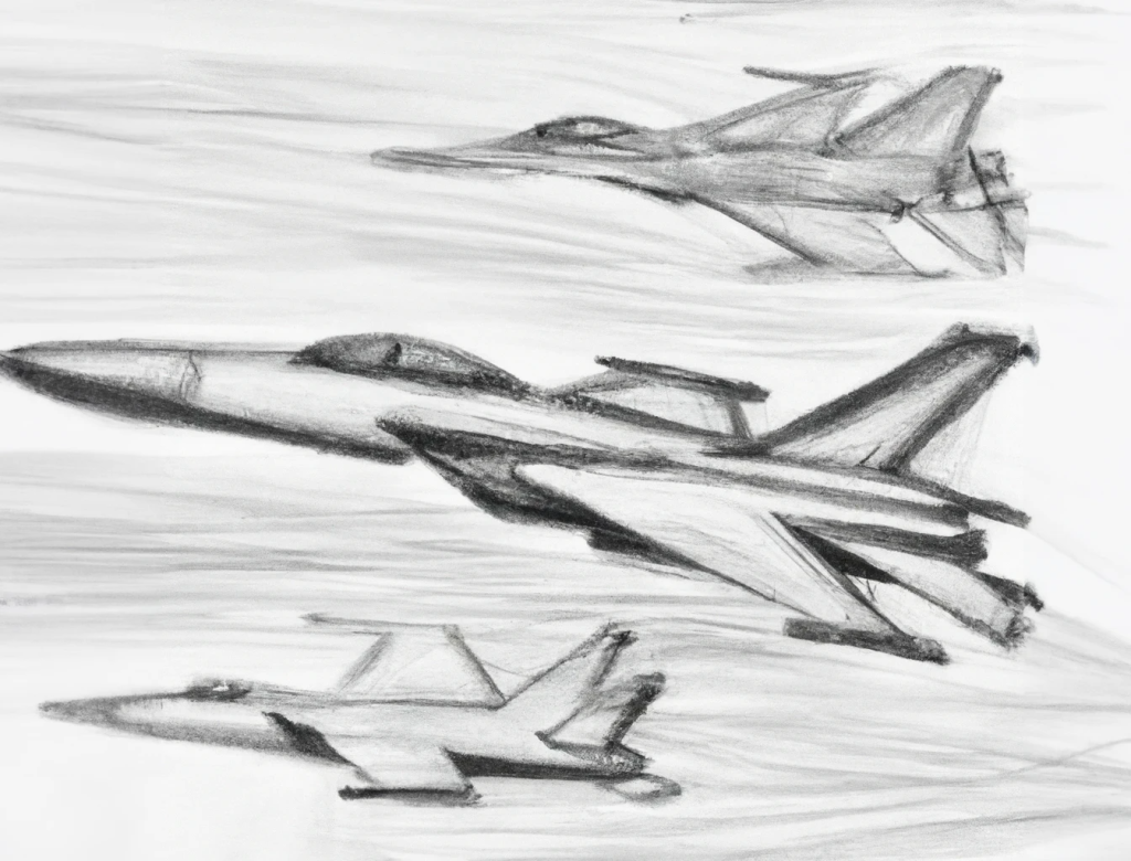 pencil drawing of 3 different fighter jets flying in the air done by an intermediate drawer