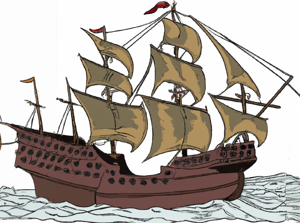 pirate ship illustration sailing on the water with the hull mast flags and pirate ship details