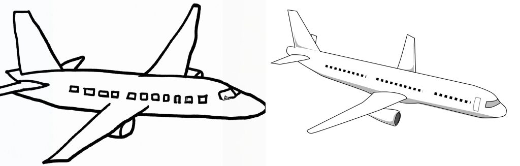 two basic airplane drawings showing fuselage wings cockpit and windows