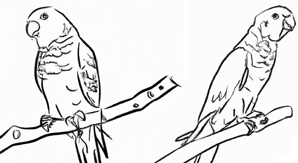 two basic drawings of a parakeet bird on a branch