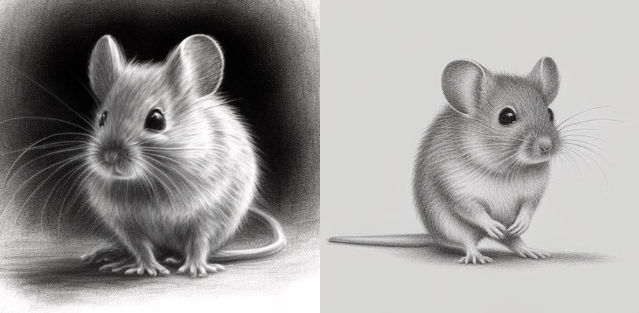 two black and white drawings of a mouse