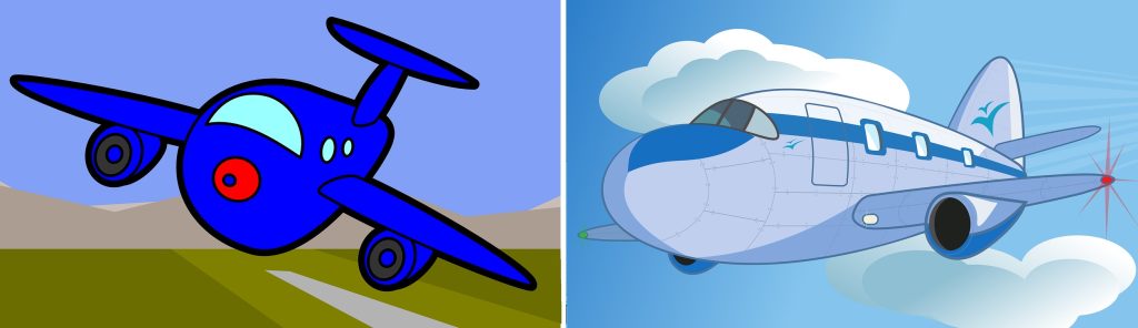 two cartoon commercial airplane illustrations to reference for beginners who are drawing a cartoon airplane