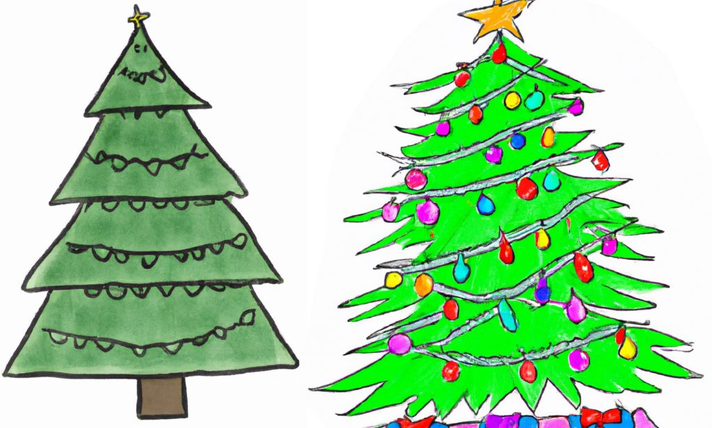 two drawings of christmas trees decorated
