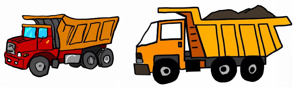two drawings of dump trucks with tires and the dump truck bed