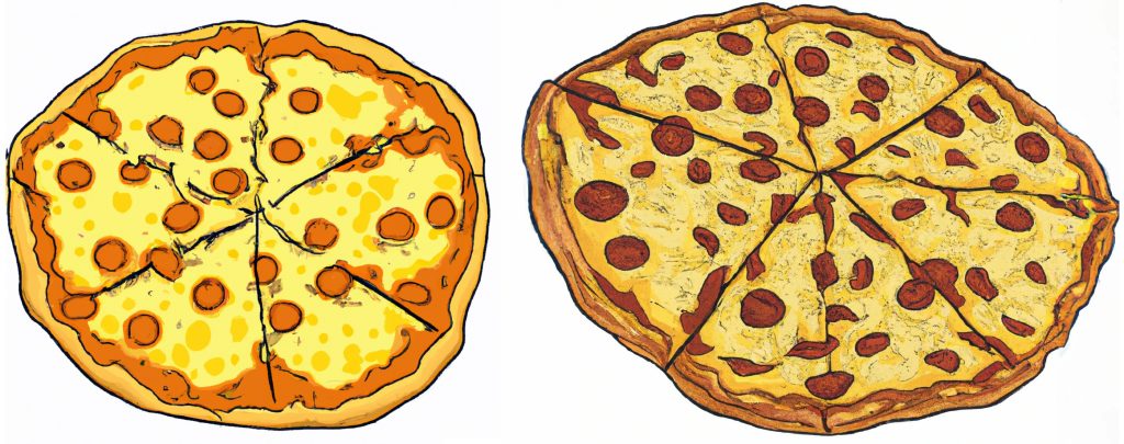 two drawings of pepperoni pizzas