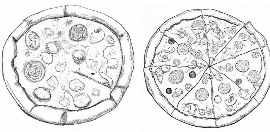 two drawings of pizzas with toppings in black and white