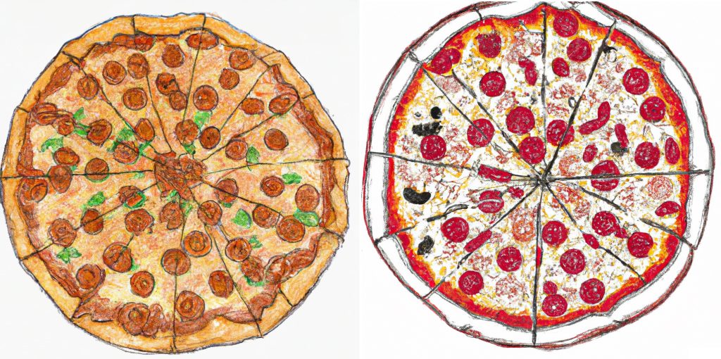 two drawings of realistic pizzas with the crust cheese and pepperoni