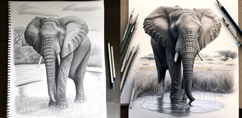 two realistic elephant drawings of an elephant in the water with its trunk