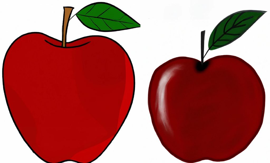 two red apple drawings with brown stems and green leafs