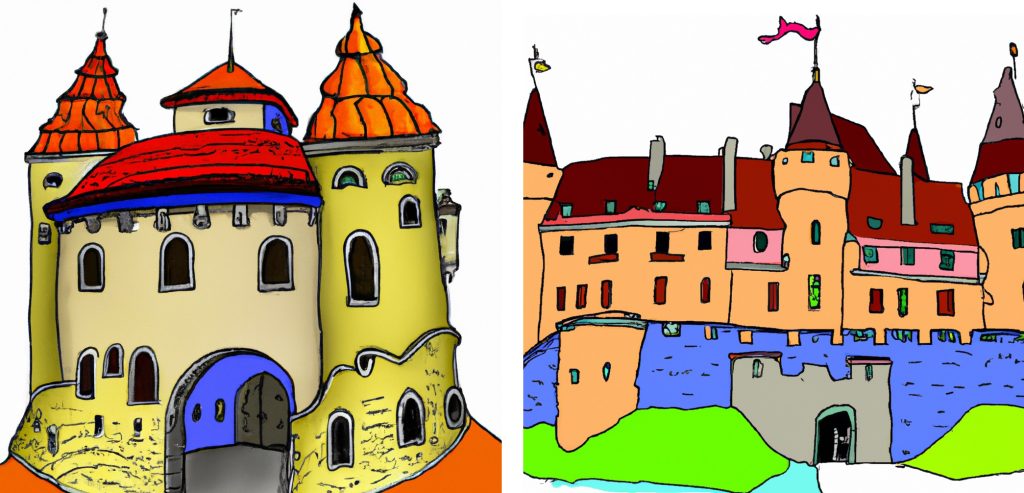 2 beginners drawings of colored in castles with the walls roof windows and doors