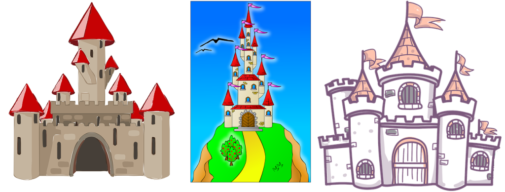 three castle drawings and illustrations